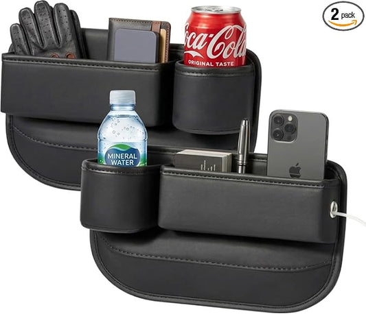2-Pack Car Seat Gap Filler Organizer with Cup Holder - Premium Leather - Universal Fit - Keeps Cans/Phone/Keys/Wallets Organized