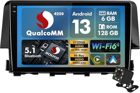 8 Core 6+128 GB Music Host with Qualcomm Android 13 Double Din Octa Core Car Stereo for Honda Civic 2016-2020 with 9 Inch Touchscreen Radio Built-in ST7850 AMP FM/AM/RDS Wireless CarPlay/Android Auto