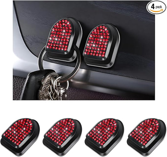 4 PCS Bling Car Mini Hooks, Cute Rhinestone Adhesive Back Seat Auto Hangers, Multifunctional Crystal Hanging Storage Hook for Vehicle Dashboard Wall Hat Coat Towel Key (Red)