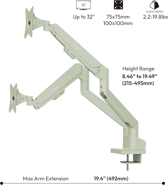 Pixio PS1D Wave Mint Dual Monitor Arm Stand Desk Mount