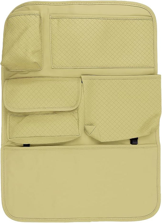 Car Backseat Organizer, Leather Auto Seat Back Kick Mats Protector, Multi-Pocket Car Rear Seat Hanging Storage Bag with Tissue Holder, Travel Accessories for Most Cars SUV Truck (Beige)