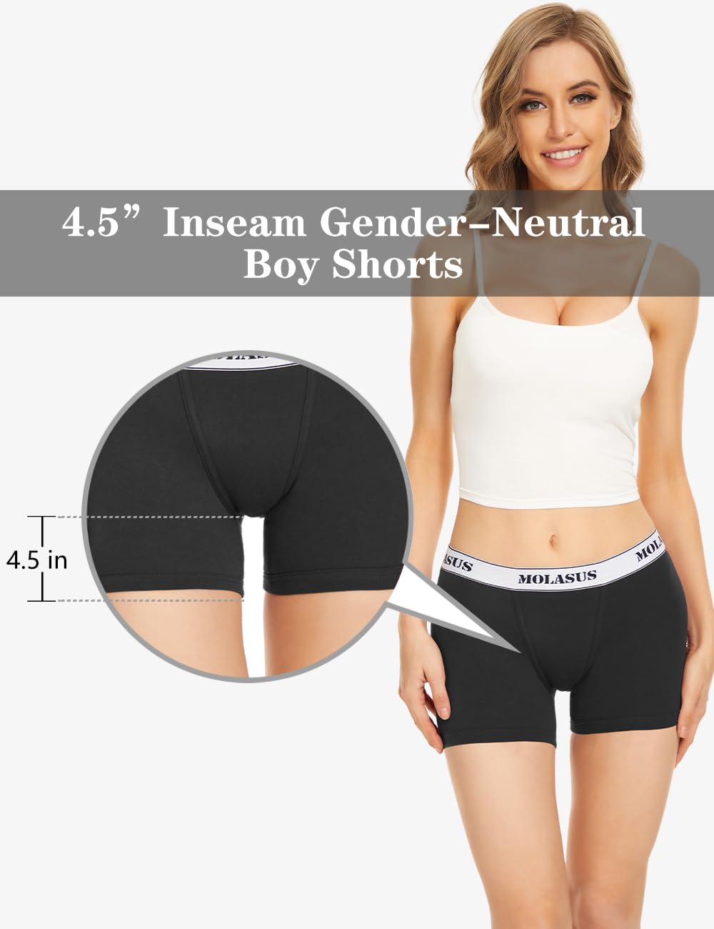 Molasus 4.5" Inseam Womens Trunks Underwear Soft Cotton Boxer Briefs Ladies Anti Chafing Boy Shorts Panties Pack of 4