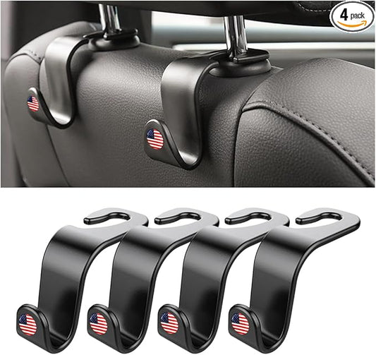 4PCS Car Seat Headrest Hooks, Auto Back Seat Hanger Holder, Durable Stylish Vehicle Organizer Universal Car Interior Accessories, Storage Hooks for Purses, Bags, Clothes, Hats (Black/Red Flag)