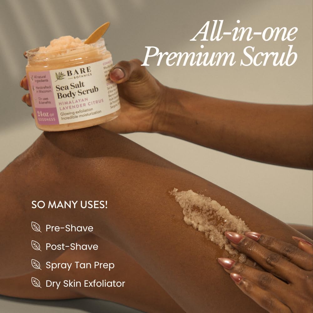 Bare Botanics Brown Sugar Body Scrub 20 oz - Naturally Scented Coconut Vanilla Sugar Scrub Made in Madison, WI - Formulated w/Skin Loving Moisturizers - Vegan, Cruelty Free w/a Cute Wooden Spoon