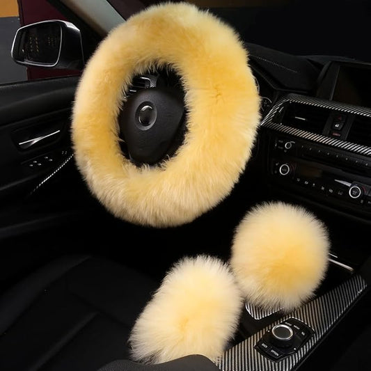 3Pcs Set Fashion Fluffy Fuzzy Wool Fur Soft Car Steering Wheel Cover with Handbrake Cover & Gear Shift Cover for Women/Girls/Ladies Auto Long Wool Accessories