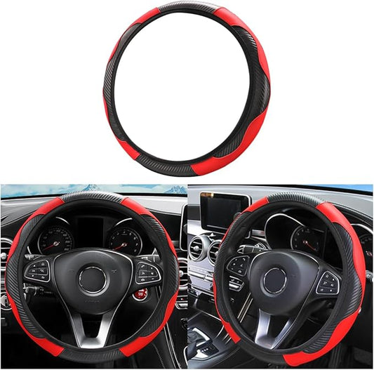 Car Steering Wheel Cover, Elastic Anti-Slip Microfiber PU Leather Auto Steering Wheel Protector, Comfortable Vehicle Interior Protective Accessories, Universal for RV, SUV, Truck (Black/Red)