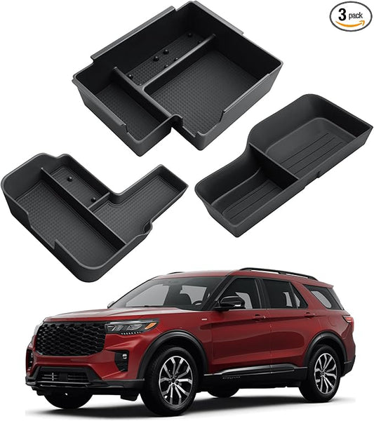 3 Pcs Center Console Organizer For 2025 Ford Explorer - Armrest Box Organizer Tray + 2 Pcs Center Console Storage Tray - Compatible with 2025 Ford Explorer Interior Accessories ABS - Not For 2026