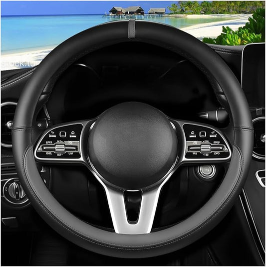 Car Steering Wheel Cover, 15 Inch Leather Anti-Slip Breathable Vehicle Steering Wheel Protector, Automotive Interior Protection Accessories, Universal for SUV Sedan Truck (Black/Gray)