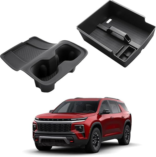 2026 Traverse Center Console Organizer - 2 Pcs Center Console Organizer Tray With Center Handle + Integrated Molding Silicone Cup Holder With Charging Pad For 2024-2026 Chevy Traverse Accessories