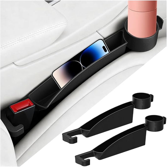 2PCS Car Seat Gap Filler, Dual Slot Carbon Fiber Vehicle Side Seat Gap Organizer Strip with Cup Holder, Auto Console Guard Spacer Stop Things from Dropping, Universal Fit (Black)