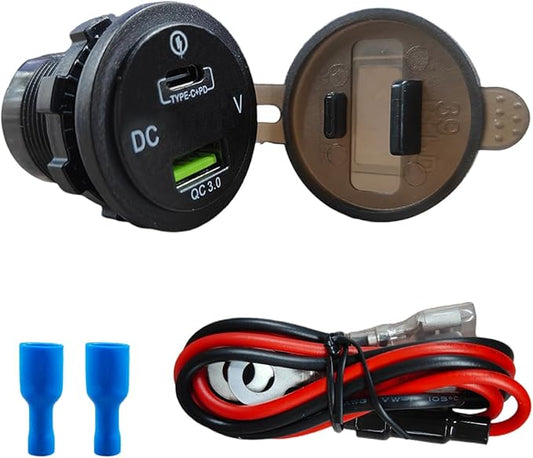 45W 12V USB Outlet 2-Port Car Charger Socket, PD USB C & QC 3.0 Port Waterproof Cigarette Lighter Sockets with LED Voltmeter, Universal Quick Charge Sockets for Cars RV Boat Marine Truck