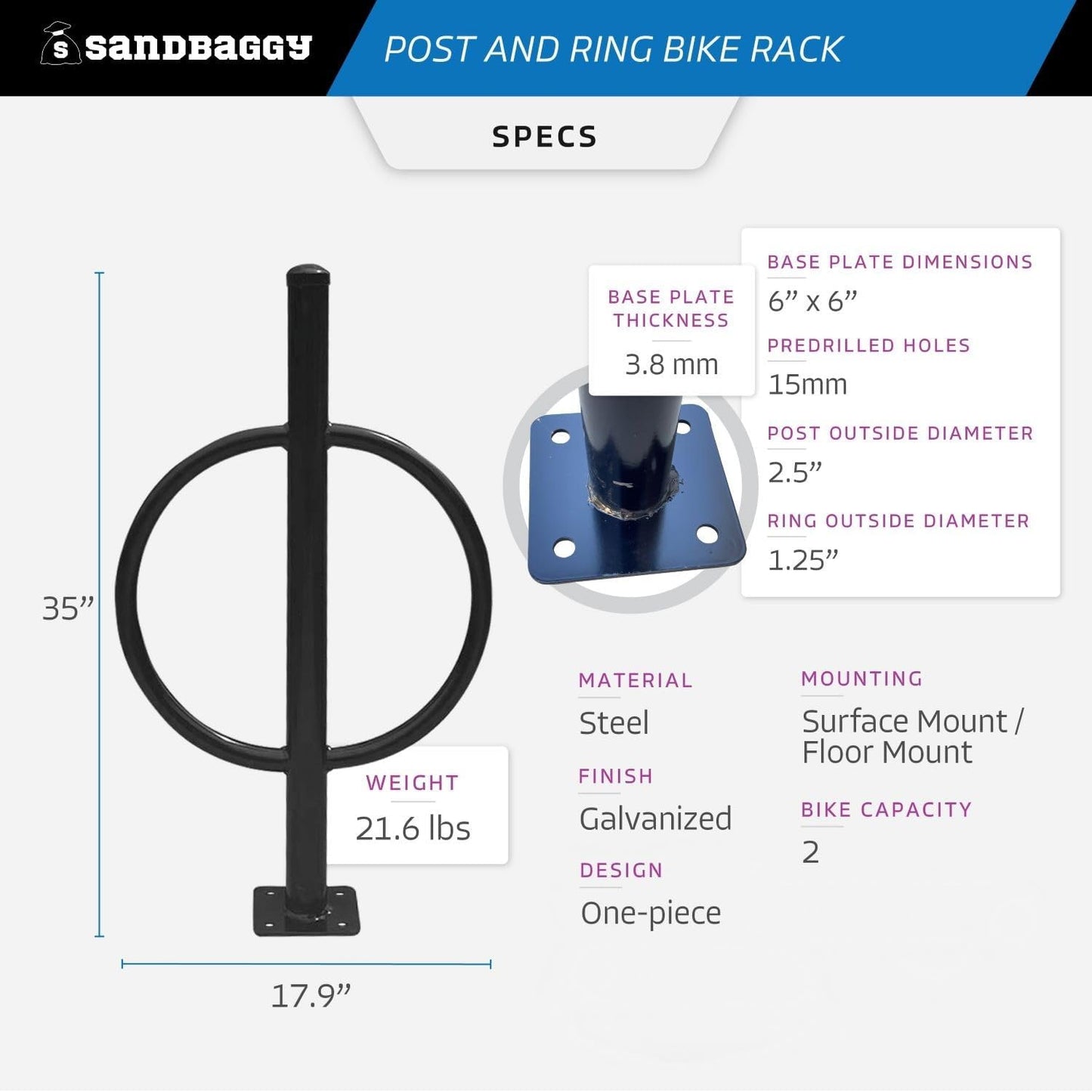 Sandbaggy Post and Ring Bike Rack - Commercial Bike Racks - Galvanized Steel - Anti-Theft Design - In Ground, Apartments, Sidewalks, Industrial (Orange, 10)