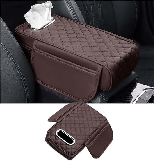 Car Center Console Armrest Pad for Lincoln, Leather Cover with Storage Pocket & Tissue Box Holder, Memory Foam Cushion for Aviator Standard SUV 2020-2025,Coffee