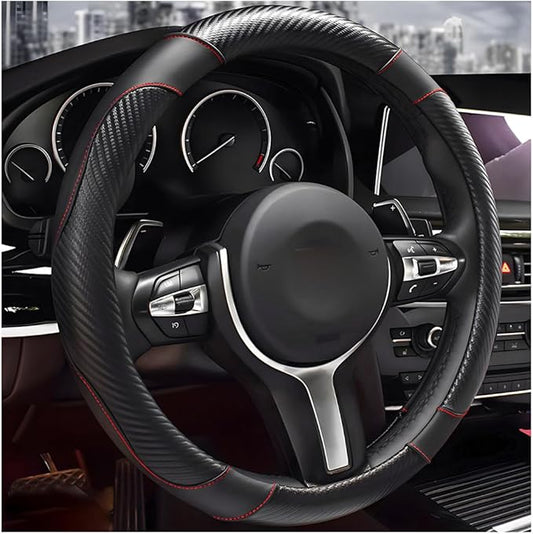 Car Steering Wheel Cover, 15 inch Carbon Fiber Microfiber Leather Elastic Steering Wheel Protector, Breathable Anti-Slip Comfortable Steering Wheel Covers for Most Cars (Black)