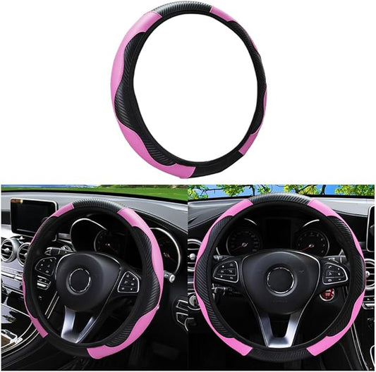 Car Steering Wheel Cover, Microfiber PU Leather Elastic Carbon Fiber Auto Steering Wheel Protector, 15 Inch Breathable Anti-Slip for Women Men, Car Interior Accessories for Most Cars (Black/Pink)