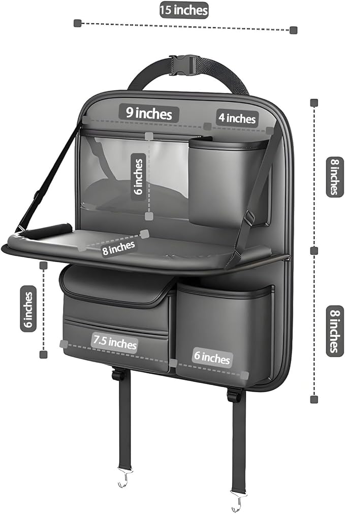 Universal Premium Leather Foldable Car Backseat Organizer with Table Tray, Seat Back Protector with Touch Screen Pad Phone Holder, Car Storage Pockets Tissue Holder with School Bags Hooks