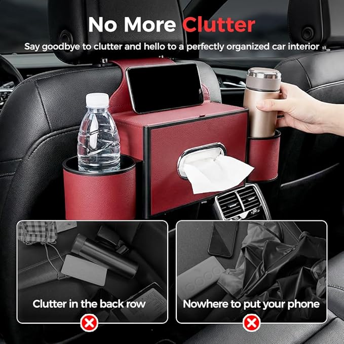 3-in-1 Car Backseat Organizer with Cup Holder, Tissue Box, Trash Bin & Hooks,Multifunctional Back Seat Car Organizer for Hold Phones,Snacks,Drinks,and Handbags (A-Beige)