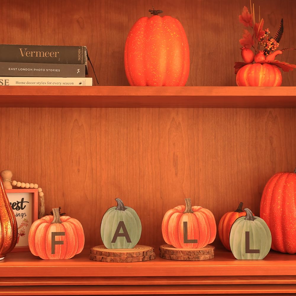 DECSPAS Fall Decorations for Home & Halloween Decorations Indoor, Double-Sided Pumpkin Wood Sign with Fall & Boo Lettered, Autumn Wooden Block Set for Table, Tiered Tray, Mantle, Thanksgiving Decor