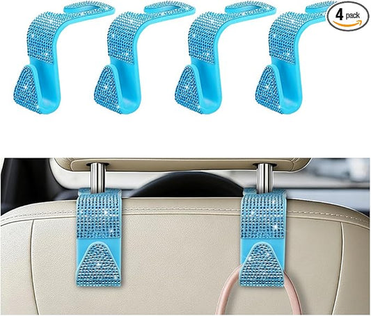 4PCS Bling Car Seat Headrest Hooks, Crystal Rhinestone Vehicle Back Seat Hanger Holder, Auto Interior Headrest Hanging Storage Organizer for Purse Handbag Coat, Universal Fit (Lake Blue)