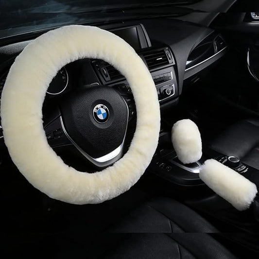 3Pcs/Set Pure Wool Fur Furry Steering Wheel Cover, Soft Fluffy Handbrake Cover Gear Shift Cover for Women Car SUV Truck Australia Sheepskin Accessories
