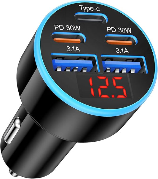 Car Charger USB C, 5-Port 90W Super Fast Car Phone Charger, Dual PD 30W & QC Type C Car Charger, Cigarette Lighter Adapter with Voltage Display for iPhone 17/16/15 Pro Max, iPad,Galaxy S25 S24,Pixel