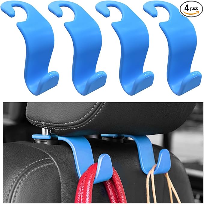 4PCS Car Seat Headrest Hook, Auto Back Seat Hanging Storage Organizer, Vehicle Seatback Hanger Holder for Purse Handbag Coat Umbrella, Universal Interior Car Accessories (Light Blue)