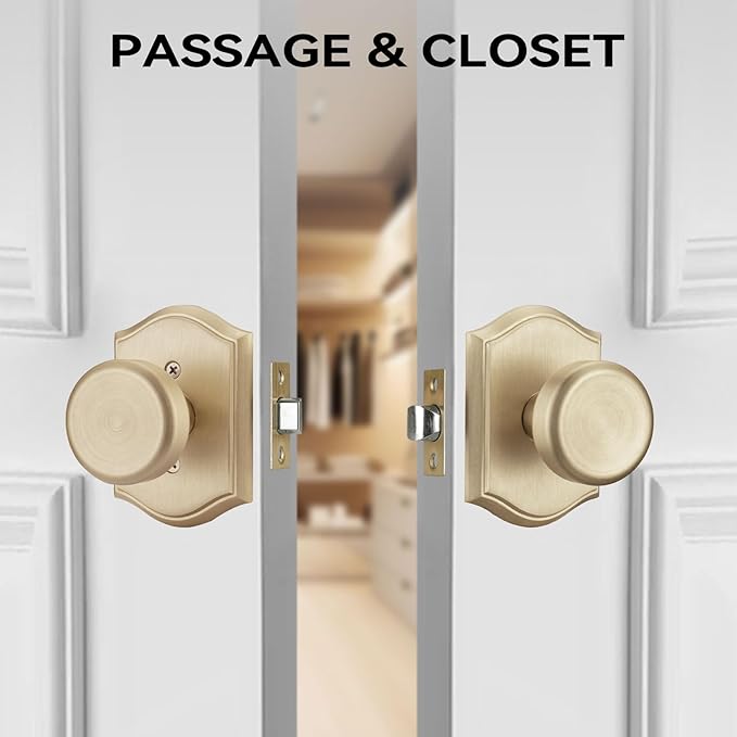 6 Pack Pismo Doorknobs for Hall, Gold Interior Door Knobs with Camelot Trim, Satin Brass Interior Door Handles