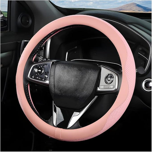 Car Steering Wheel Cover, Microfiber Breathable Ice Silk Leather Steering Wheel Cover Soft Anti-Slip Safety, 15inch Four Season Universal Fits for Most Truck,SUV,Cars (Pink)