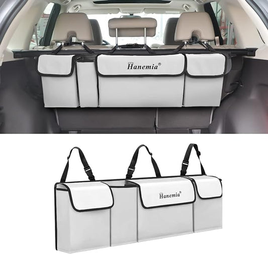 Car Trunk Organizer and Storage, Backseat Hanging Organizer for SUV, Truck, MPV, Waterproof, Collapsible Cargo Storage Bag with 4 Pockets, Car Accessories for Men and Women (Beige)