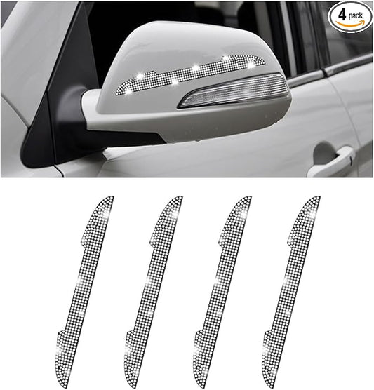 4PCS Bling Car Door Handle Scratch Protector, Crystal Rhinestone Sticker Car Door Edge Guard, Side Rearview Mirror Anti-Collision Strip, Exterior Accessories for Women Men (White)