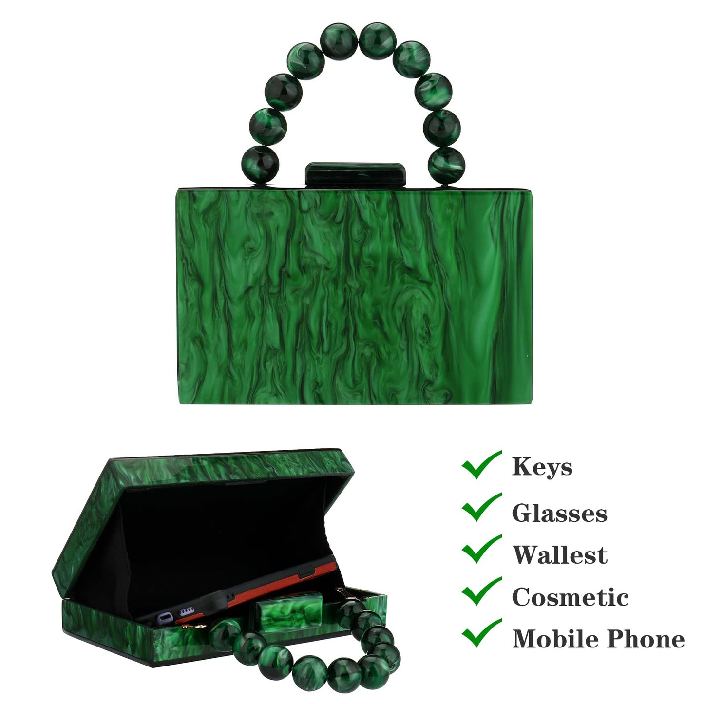 Acrylic Purses Evening Clutch Bag Marbling Handbags for Women Cross Body Bag with Pearl Chain Formal Wedding Prom Party (Dark Green)