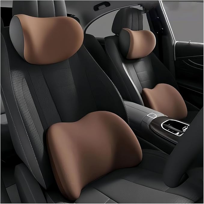 Car Lumbar Support Pillow and Car Neck Pillow Kit for KIA K3 2023 2024 2025 2026, Car Seat Neck Back Rest Pillows, Ergonomic Car Seat Headrest & Lumbar Cushion,C Coffee