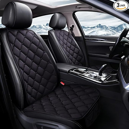 2pc Plush Front Seat Cushion with Back Support - Winter Warmth, Easy Installation, Polyester Fiber, Fits Most Vehicles, Beige (2pc Front Row Black)