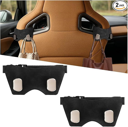 Car Headrest Hook, 2PCS Suede Vehicle Back Seat Storage Hanger with Double Metal Hook, Automotive Seatback Organizer for Purse Handbag Coat, Compatible with Most Sport Seat (Black)