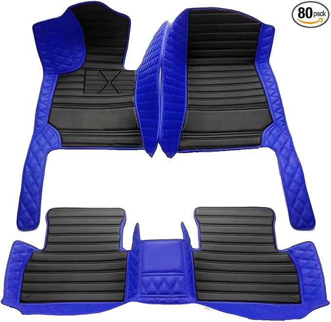 TREGOO All Weather Car Mats Custom Fit Non Slip Floor Mats for 1998-2025 Cars Personalized Leather Protection Pads Suitable for Men Women (Edge Blue, Middle Black Horizontal bar)