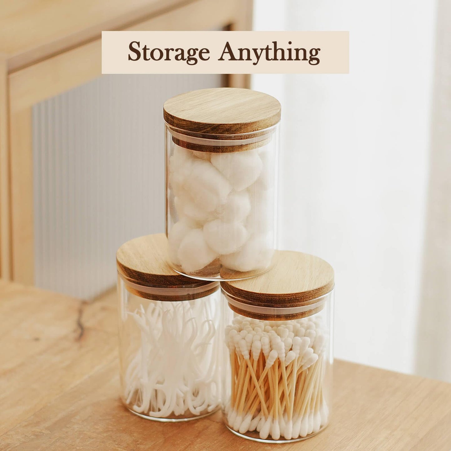 Labina Qtip Holder Glass Bathroom Organizer Storage Canisters with Wooden Lid, 10oz Jar for Cotton Balls Swabs Dispenser and Bathroom Essentials