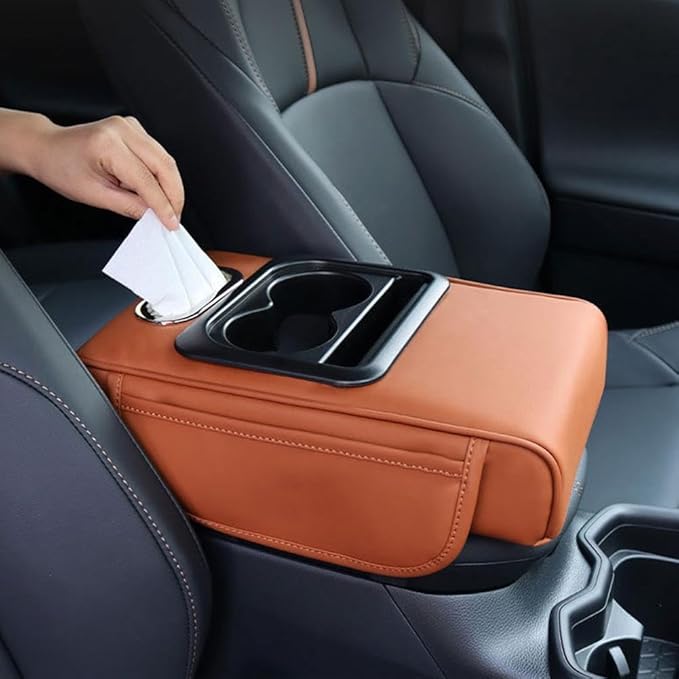 Car Armrest Cushion,5-in-1 Center Console Cover with 2 Storage Bags Cup Holder, Tissue Box Slot, Phone Slot for Car Sedans,Car Interior Accessories for Most Vehicle, SUV, Truck,Cars (Claret)