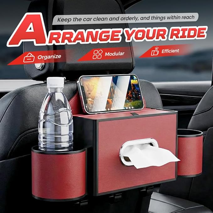 Back Seat Car Organizer,3 in 1 Car Backseat Storage Box with Cup Holder,Tissue Box,Trash Bin&Hooks,Multifunctional Waterproof Storage for Hold Phones Snacks Drinks Handbags (1, A-Red)
