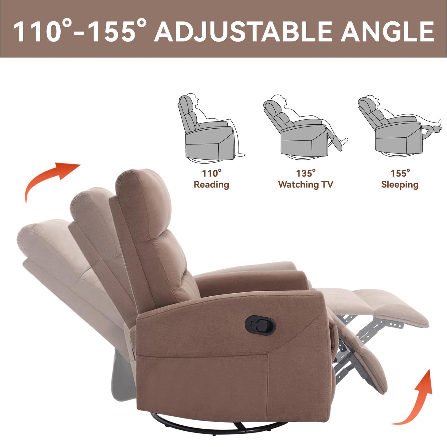 KEIKI Swivel Rocker Recliner Chair with Adjustable Backrest & Pockets, Ergonomic Lounge Sofa Chair for Living Room Bedroom, Brown