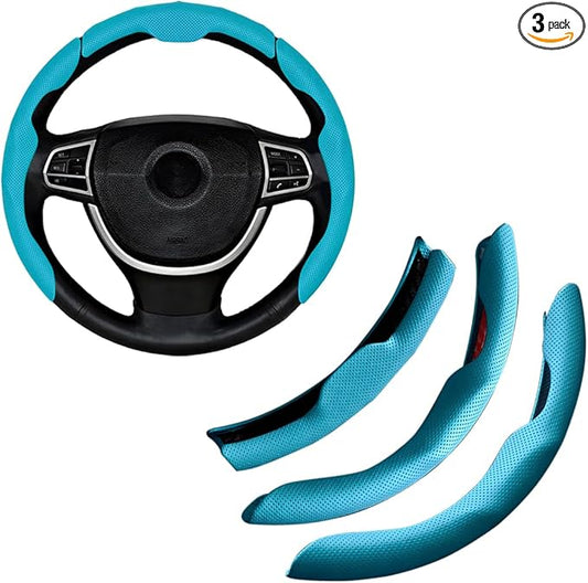 Car Steering Wheel Cover, Nappa Leather 15 Inch Snap-On 3PCS Set Vehicle Steer Wheel Wrap Protector, Non-Slip Automotive Interior Protection Accessories, Universal Fit (Blue)