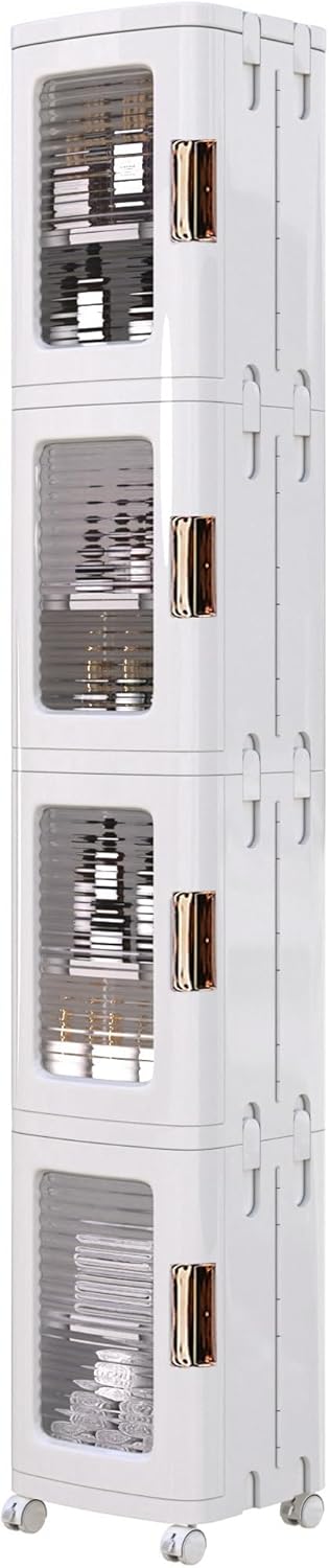 VECELO 4-Tier Plastic Tall Narrow Storage Cabinet with Movable Wheels, Adjustable Shelves, Magnetic Doors, Slim Bathroom Organizers and Storage for Small Space, Bathroom, Kitchen, Laundry, White