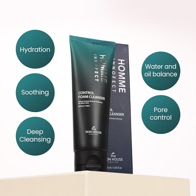 The Skin House Homme Innofect Control Foam Cleanser for Men 4.05 fl.oz l Oily Skin Cleanser l Deep Cleansing, Pore Minimizer, l Korean Skin Care, Facial Wash, 120ml