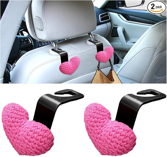 2PCS Car Headrest Hook, Cute Wool Heart Vehicle Seat Hangers for Umbrellas Grocery Bags, Automotive Interior Backseat Storage Organizer Hook, Universal for SUV, Sedan, Truck (Rose Red)