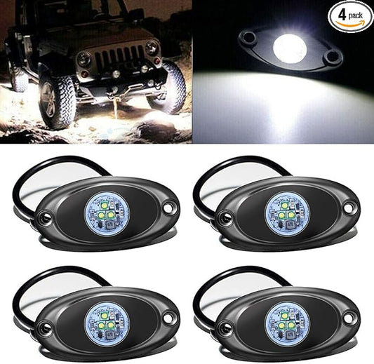 4 Pods LED Rock Light for Jeep ATV SUV Offroad Car Truck Boat - Map, Cargo, Trail Rig Lamp - Underbody Glow, Underglow, Neon - Waterproof 12V 24V - White