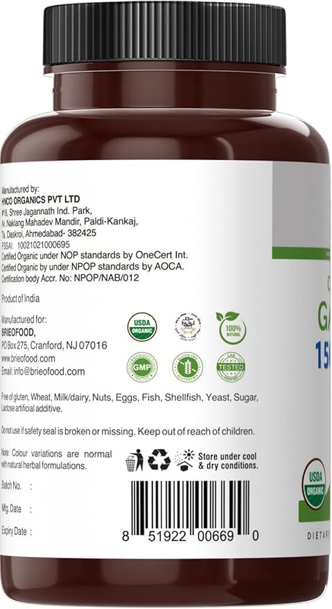 Brieofood Organic Garlic 1500mg, 45 Servings, Vegetarian, Gluten Free, 90 Vegetarian Tablets