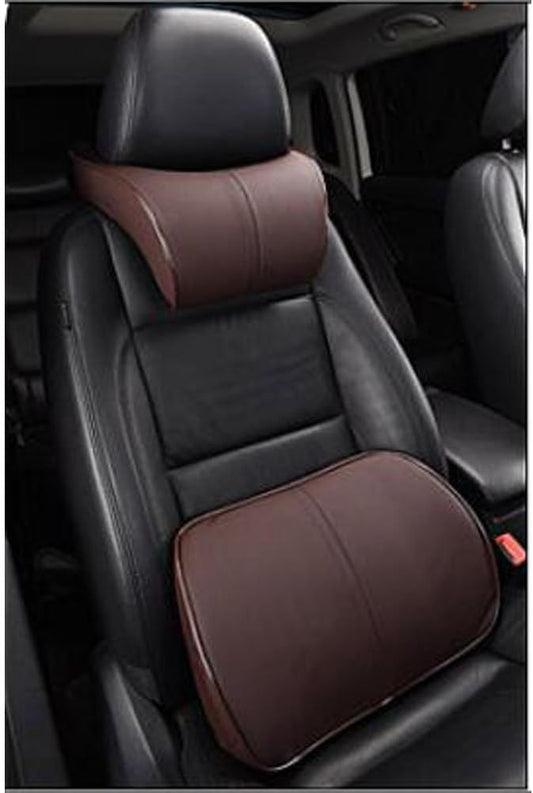 Car Seat Lumbar Support Pillow Neck Pillow Headrest Head Support Back Cushion Pad Soft Memory Foam Artificial Leather for Car Home Office Chairs Lower Back Pain Relief Corrects Posture Coffee