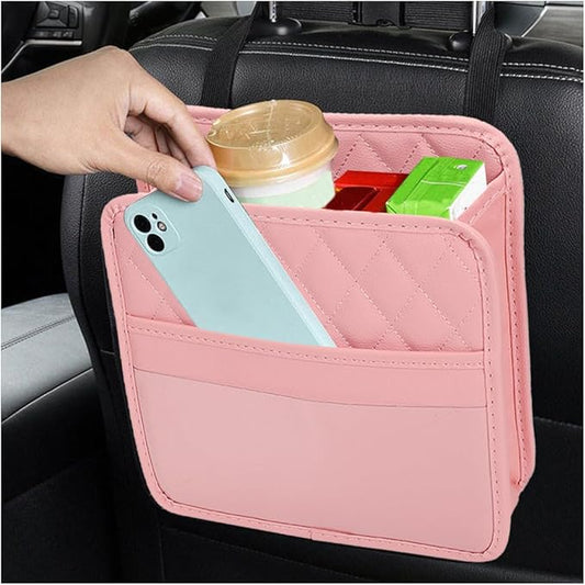 Car Seat Back Organizer, Foldable Leather Vehicle Backseat Storage Bag, Multifunctional Automotive Interior Hanging Pocket Accessories, Universal Fit (Pink)