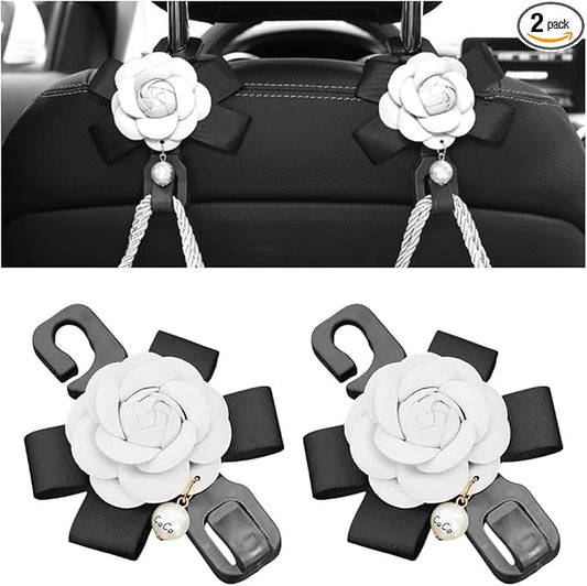 Car Seat Headrest Hook, 2PCS Cute Flower Vehicle Backseat Organizer Hanger for Purse Grocery Bag Coat, Auto Interior Hanging Decor Accessories, Universal for SUV Sedan Truck (White)