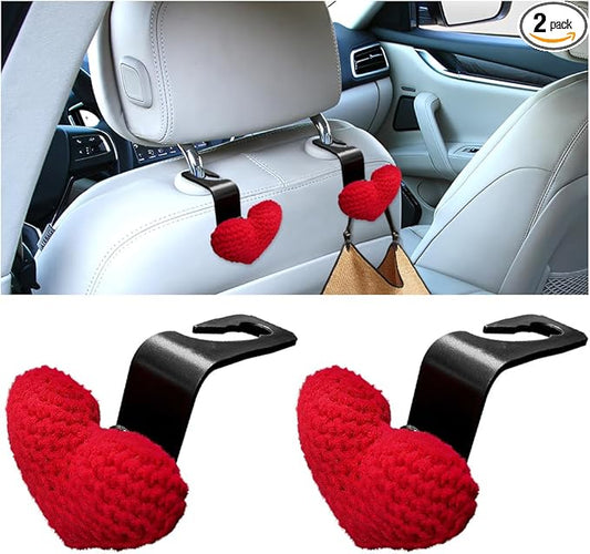 2PCS Car Headrest Hook, Cute Wool Heart Vehicle Seat Hangers for Umbrellas Grocery Bags, Automotive Interior Backseat Storage Organizer Hook, Universal for SUV, Sedan, Truck (Red)