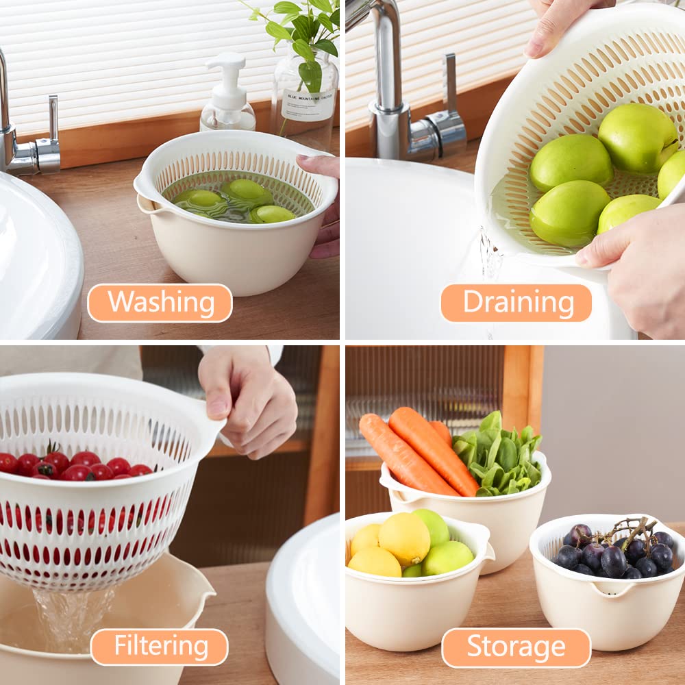 2 in 1 Kitchen Colander Set with Bowl Strainer (2 Sets 3 Qt),BPA Free Plastic Fruits and Vegetable Washing Basket,Dishwasher Friendly Double Layered Drain Basin,for Pasta Salad Berry Cleaning Mixing